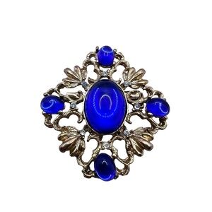 Peacock royal blue gold tone sparkle Victorian style brooch pin